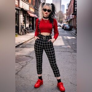 Hot Topic Womens Pants Sz M Black White Grid Plaid Grommet Belt Crop Punk Goth